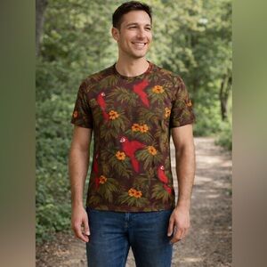 H&M Multicolor Graphic T-Shirt, Men’s, tropical, red parrots, Hawaiian, size L